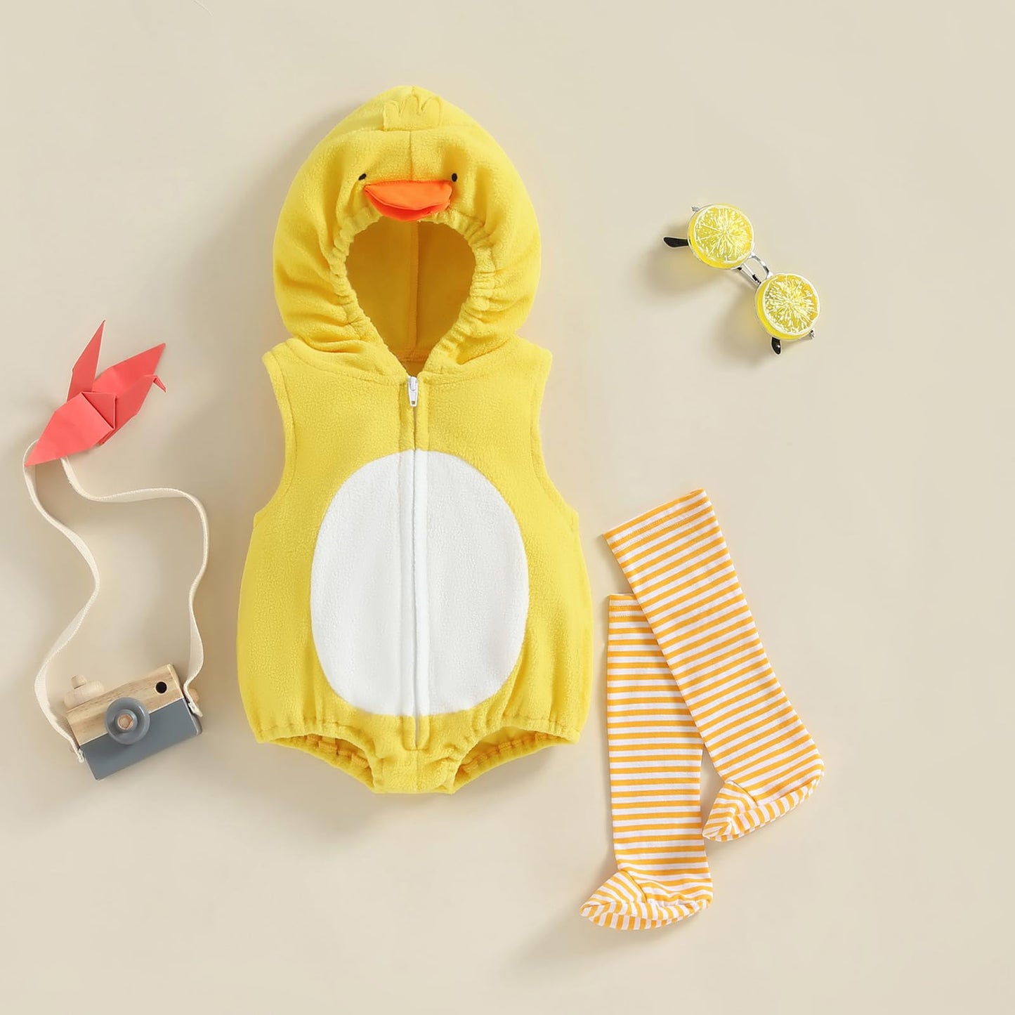FeMereina Halloween Costumes Toddler Baby Boy Girl Animal Chick Romper Sleeveless Zip Up Hooded Cosplay Jumpsuit with Striped Socks (Yellow, 18-24 Months)