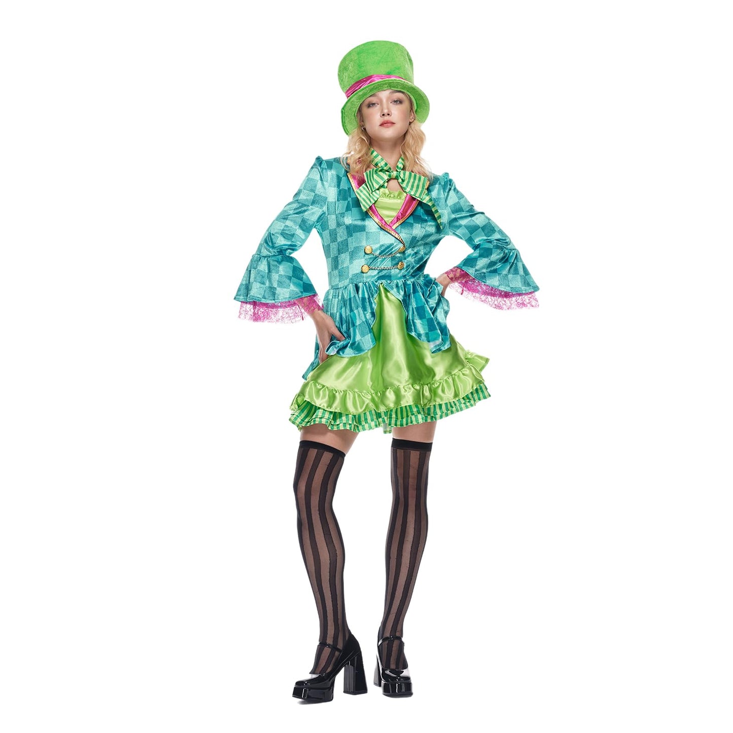 EraSpooky Adult Women Hatter Costume Mad Tea Party Halloween Cosplay with Bowtie Top Hat