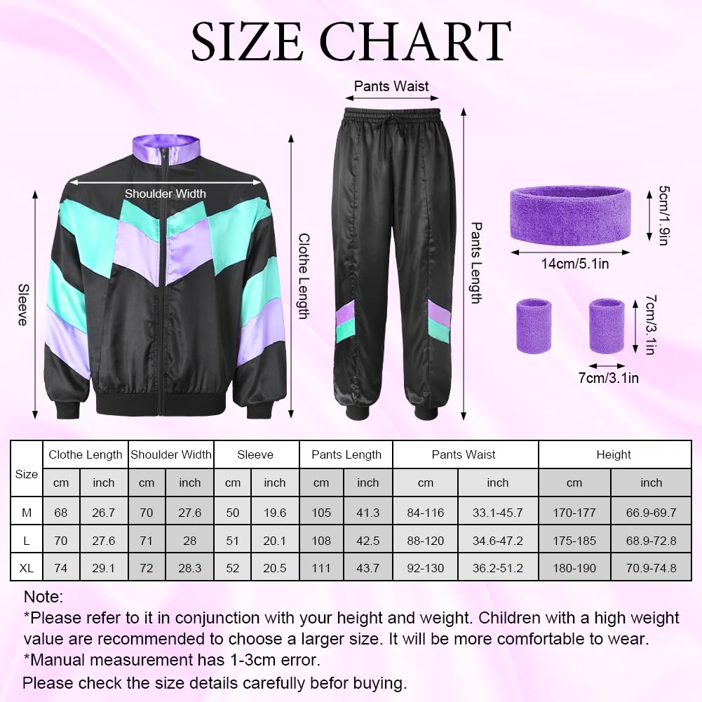 Aomig 80s Height of Fashion Shell Suit Costume, 80s Fancy Dress Men Women with Headband Wristbands, 1980s Disco Fancy Dress, 80s 90s Outfits Fashion Retro Tracksuit for Halloween Carnival Party(L)
