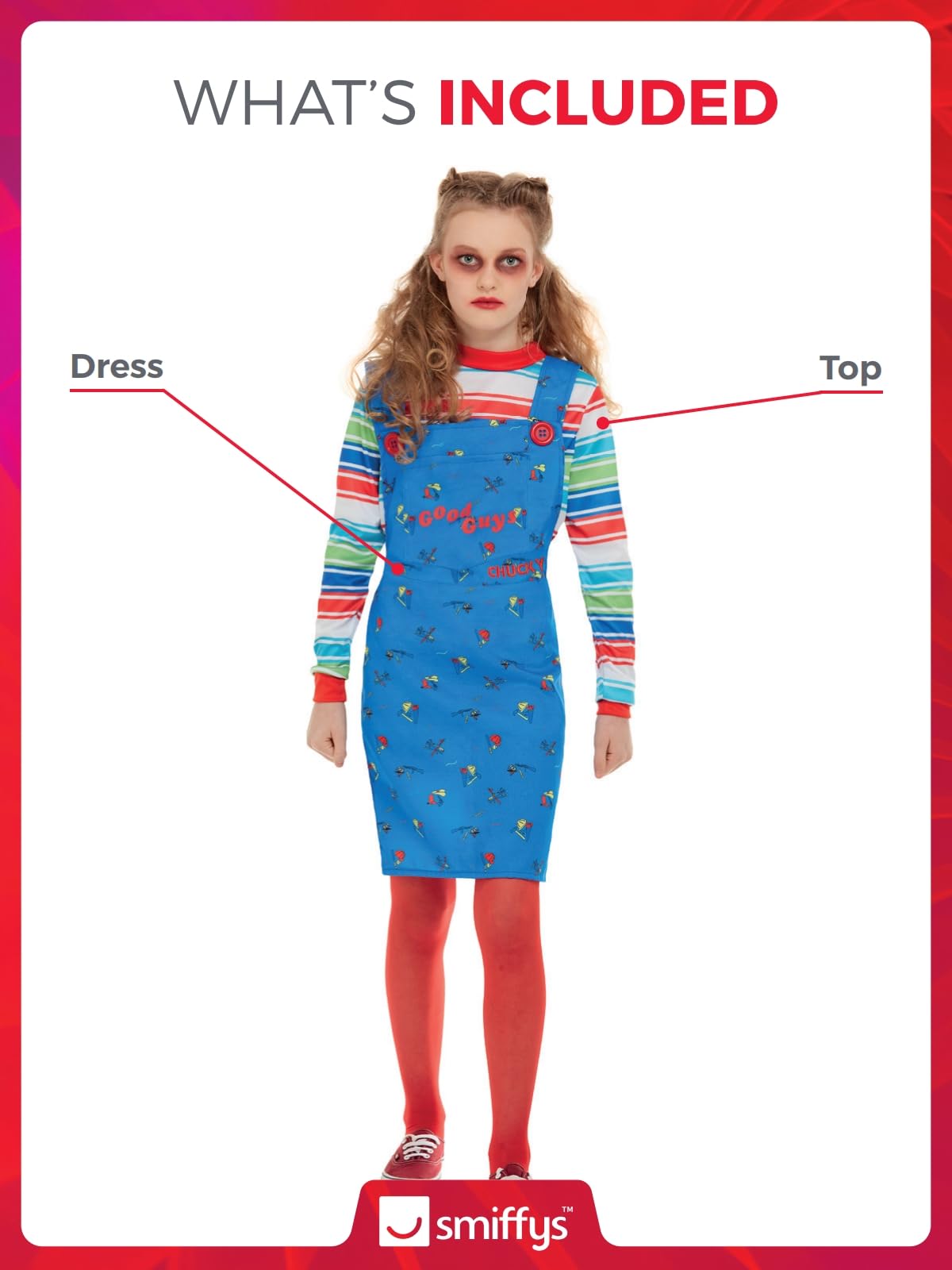 Smiffys Chucky Costume in Blue for Kids, Dress and Top, Officially Licensed, Blue Dungaree Dress and Striped Top with Colour Block Cuffs, Ideal for Halloween and Matching Costumes