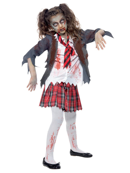 Zombie school girl kids costume in grey with skirt and jacket