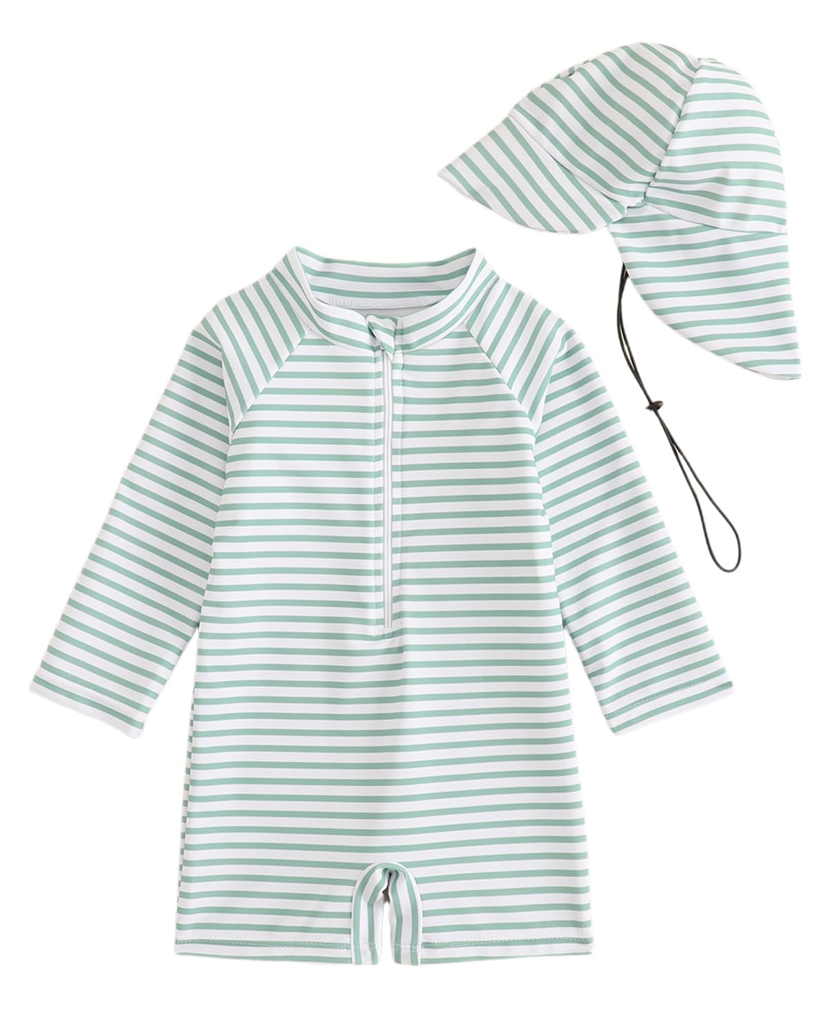 Baby Swimsuit Boy Girl Rash Vest Set 0M-3T, Long Sleeve UPF 50+ Infant Swimming Costume with Hat, Zipper Toddler One Piece Rash Guard Swimwear, Green Stripe 1-2 Years