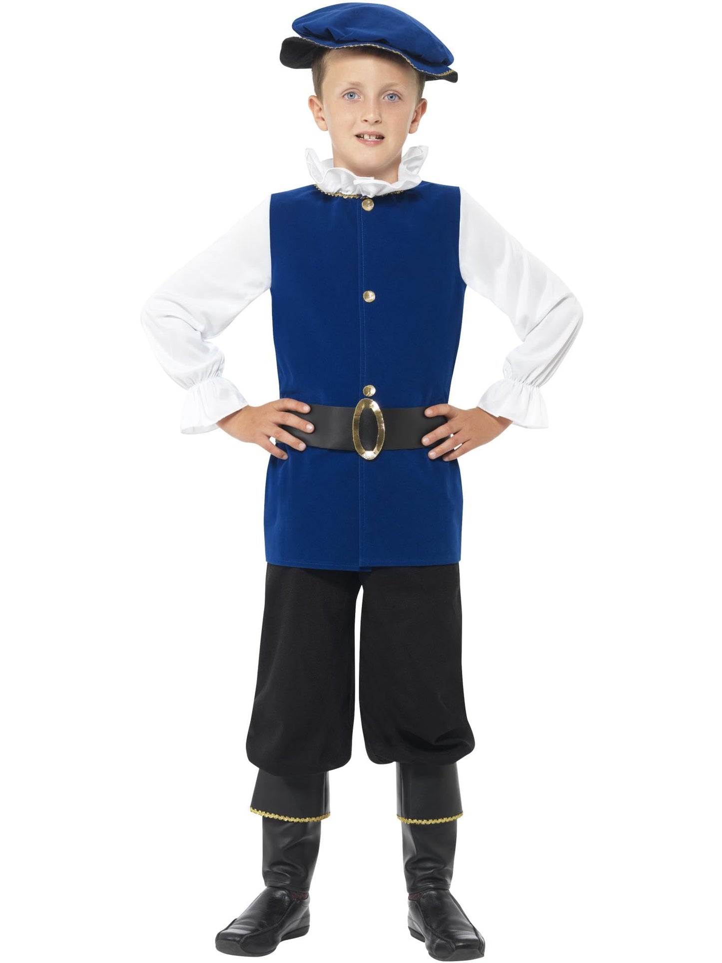 Smiffys Tudor Boy Costume, Royal Blue Top, Trousers with Boot Covers, Belt and Hat, Boys Fancy Dress, Child Dress Up Costumes