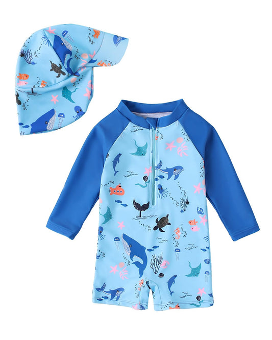 JiAmy Baby Boys Swimming Costume with Sun Hat Long Sleeve Zip Up Rash Guard Sun Protection Beach Infant Toddler Baby Swimsuit One Piece Bathing Suits Dark Blue 6-9 Months