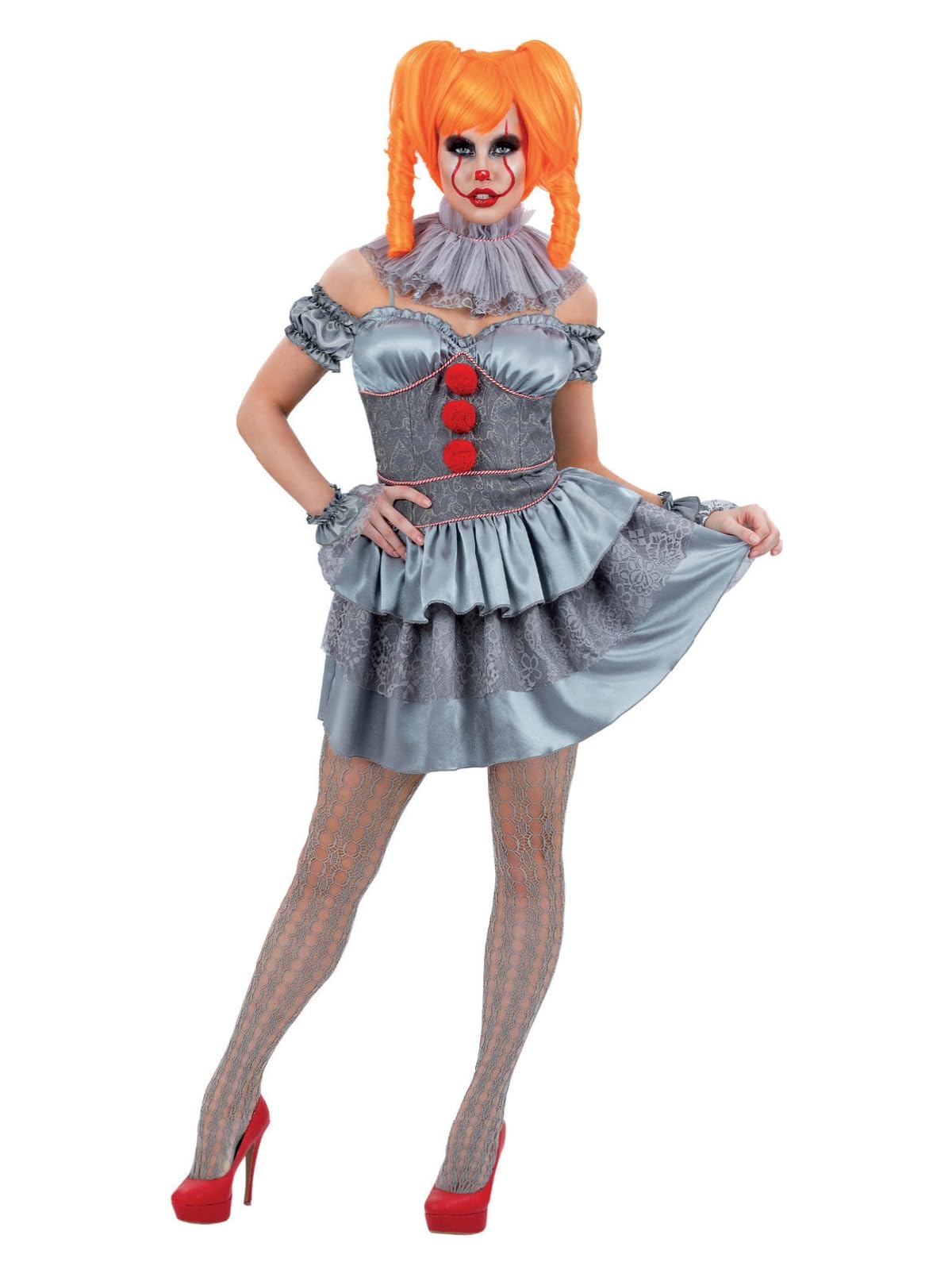 Smiffys IT Chapter Two Pennywise Ladies Costume for Adults, Mini Dress with Sleeves, Neck Ruffle, and Tights, Grey, Officially Licensed, Ideal for Halloween and Matching Fancy Dress Parties