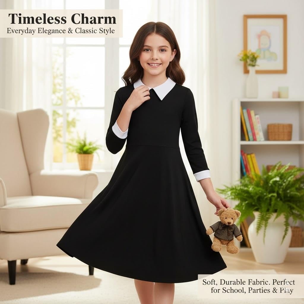 A2Z 4 Kids Girls Black Swing Dress Long Sleeve Peter Pan Collar Gothic Girl Fancy Dress - Swing Dress 673 Black 5-6