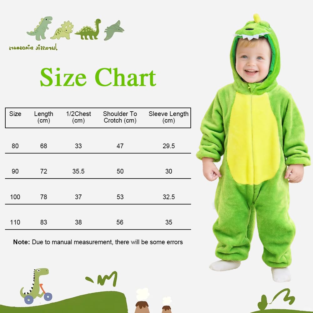 Alaoo Dinosaur Jumpsuit for Toddler and Child, One Piece Flannel Animal Hooded Rompers Jumpsuit, Hooded Cartoon Sleepsuits Infant Outfit for Halloween Dress Up Party, 90CM