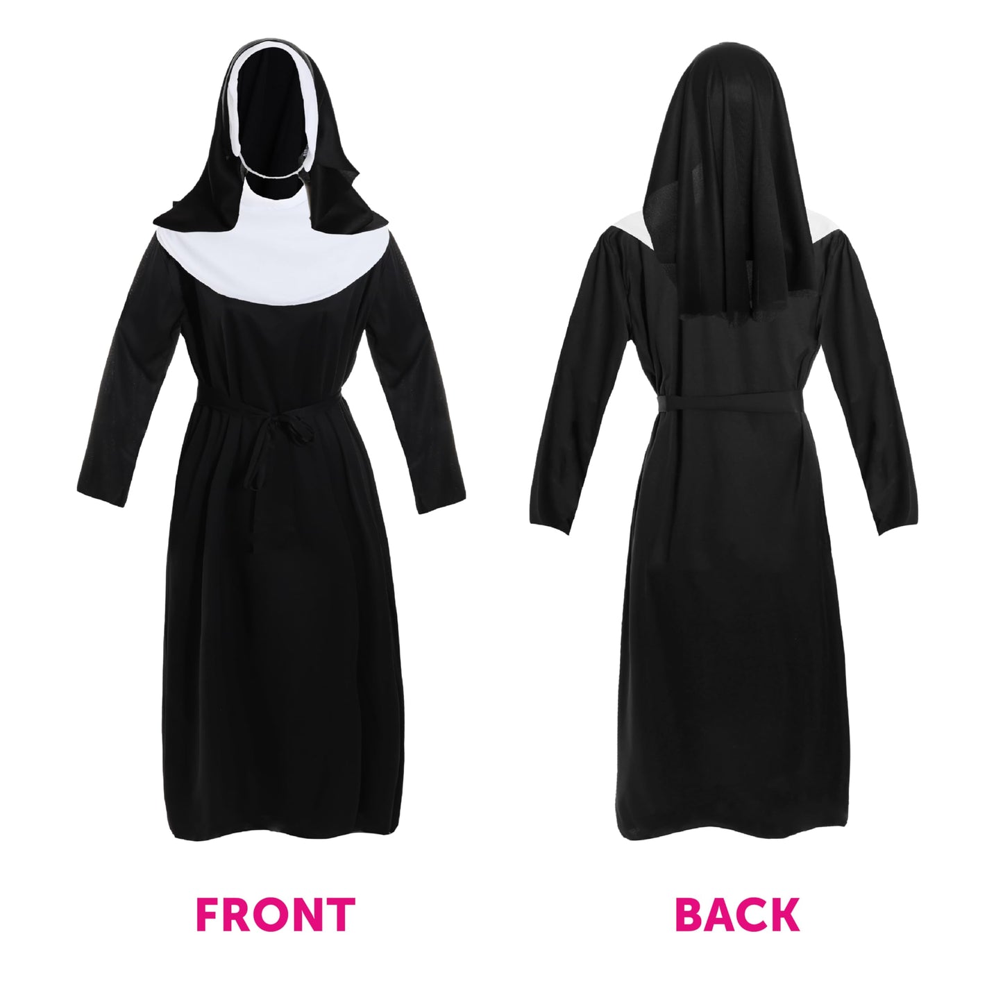 Mens Nun Costume - X-Large - Black and White Robe, Matching Headpiece, Belt and Gold Cross Necklace - Adults Funny Stag Do Religious Halloween Fancy Dress Costume