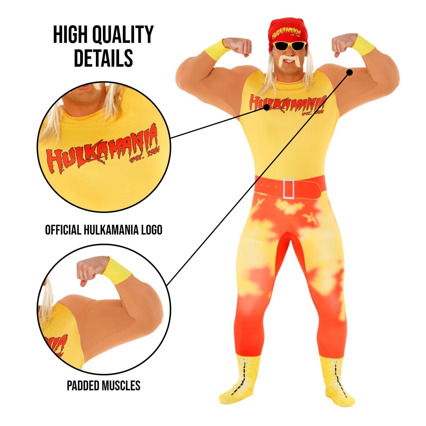 Morph Hulk Hogan Costume Adult, Hulk Hogan Fancy Dress, WWE Wrestling Costume, 80s Costumes for Adults, Large