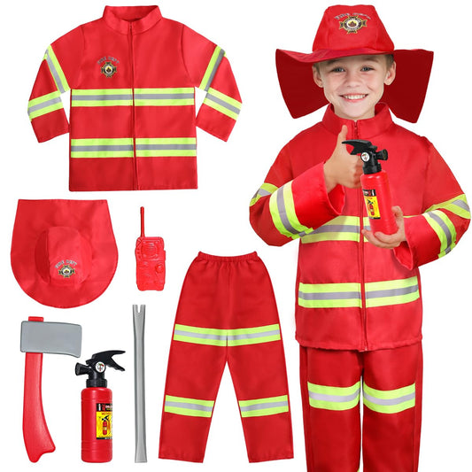 Red fireman kids costume with complete firefighter outfit