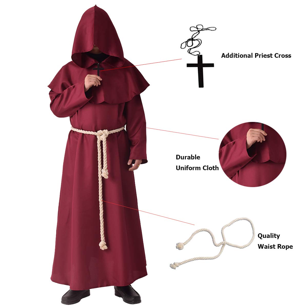 BLESSUME Monk Costume Medieval Robe Priest Hooded Renaissance Friar Cowl Outfit (L,Red)