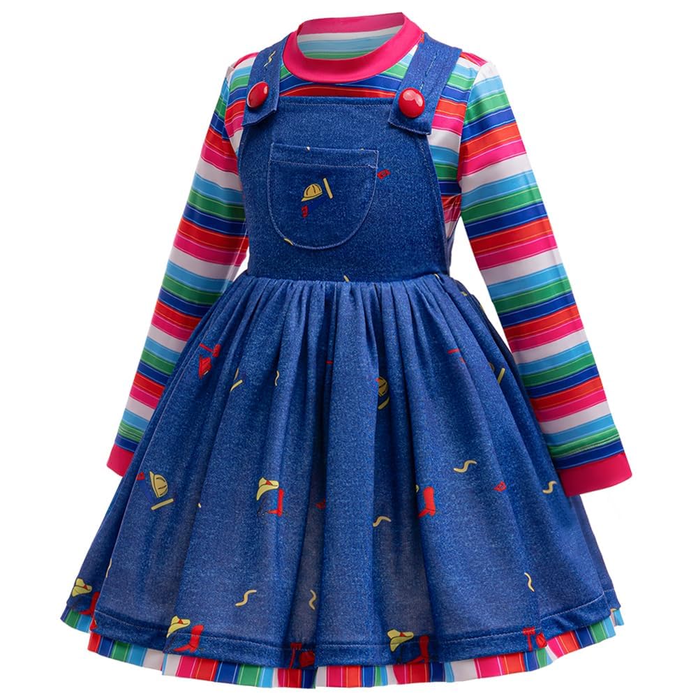 GMEDJVE Girls Halloween Killer Doll Costume for Kids Creepy Killer Doll Dress Toddler Horror Movie Cosplay Outfits Set 4PCS