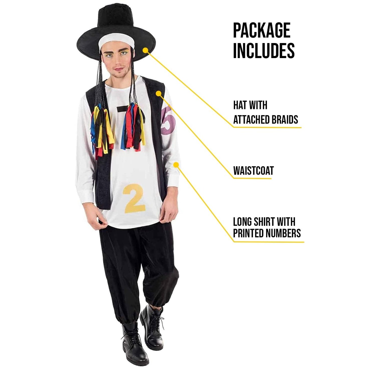 Fun Shack 1980s Pop Star Costume For Men, Black Waistcoat And Hat With Wig, Mens 80s Fancy Dress, Retro Singer Outfit Medium