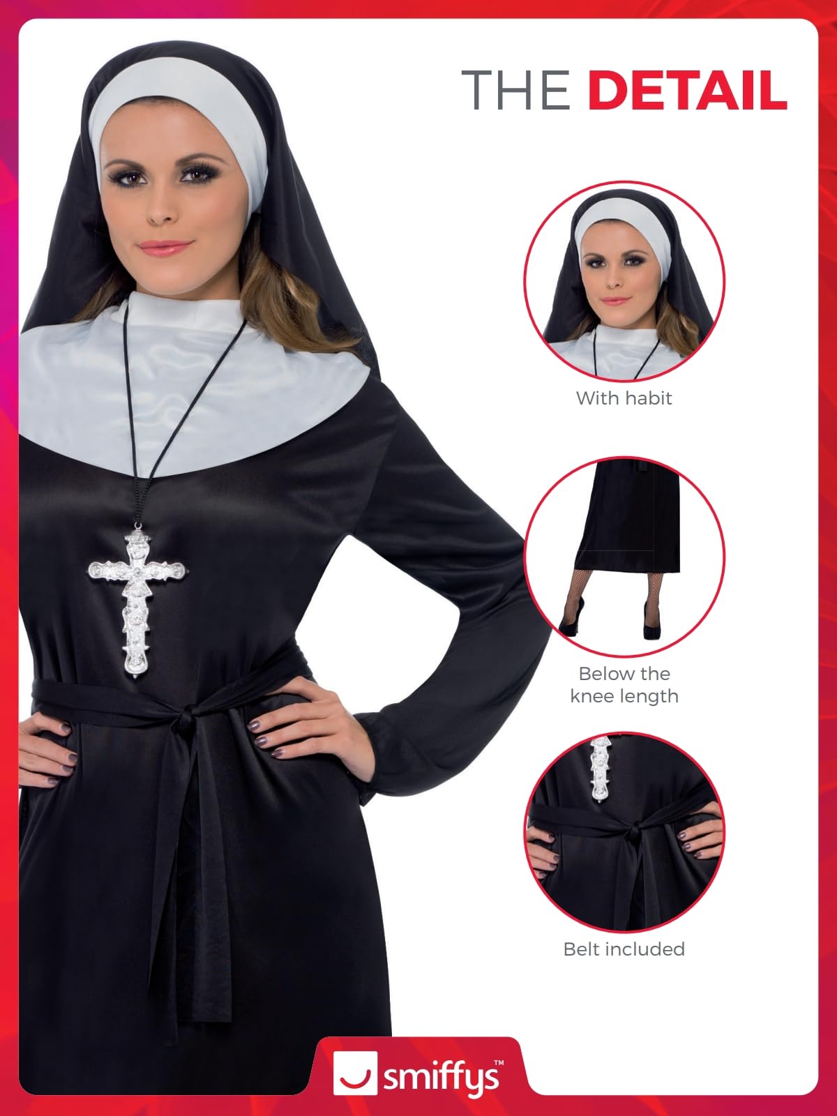 Smiffys Nun Costume for Women, Black and White Religious Fancy Dress Outfit Featuring Full-Length Dress, Belt, and Headdress, Classic Saints Sinners Halloween Adults Fancy Dress Parties, Medium