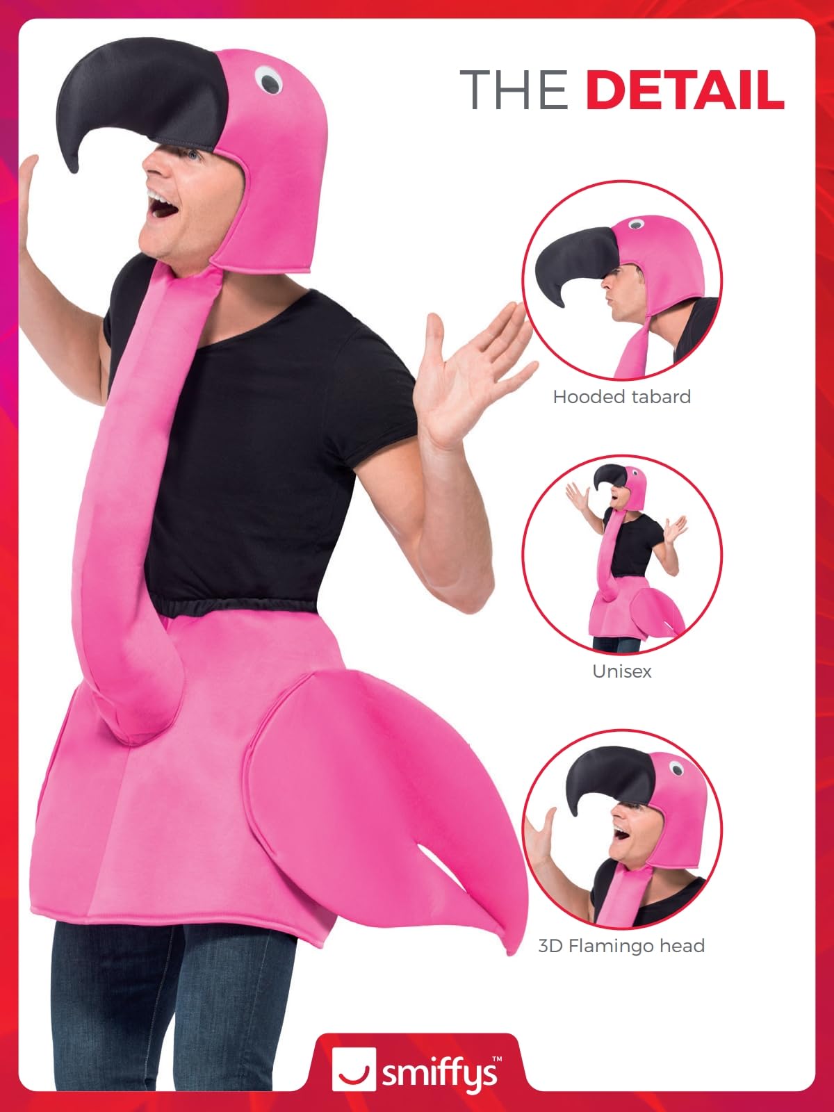 Smiffys Flamingo Costume, Pink with Hooded Tabard, Party Animals Fancy Dress, Animal Dress Up Costumes Halloween