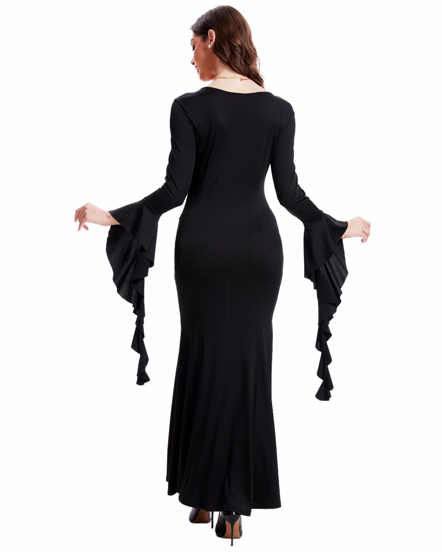 Womens Gothic Maxi Dress Long Sleeve Black Witch Costume Lace Up