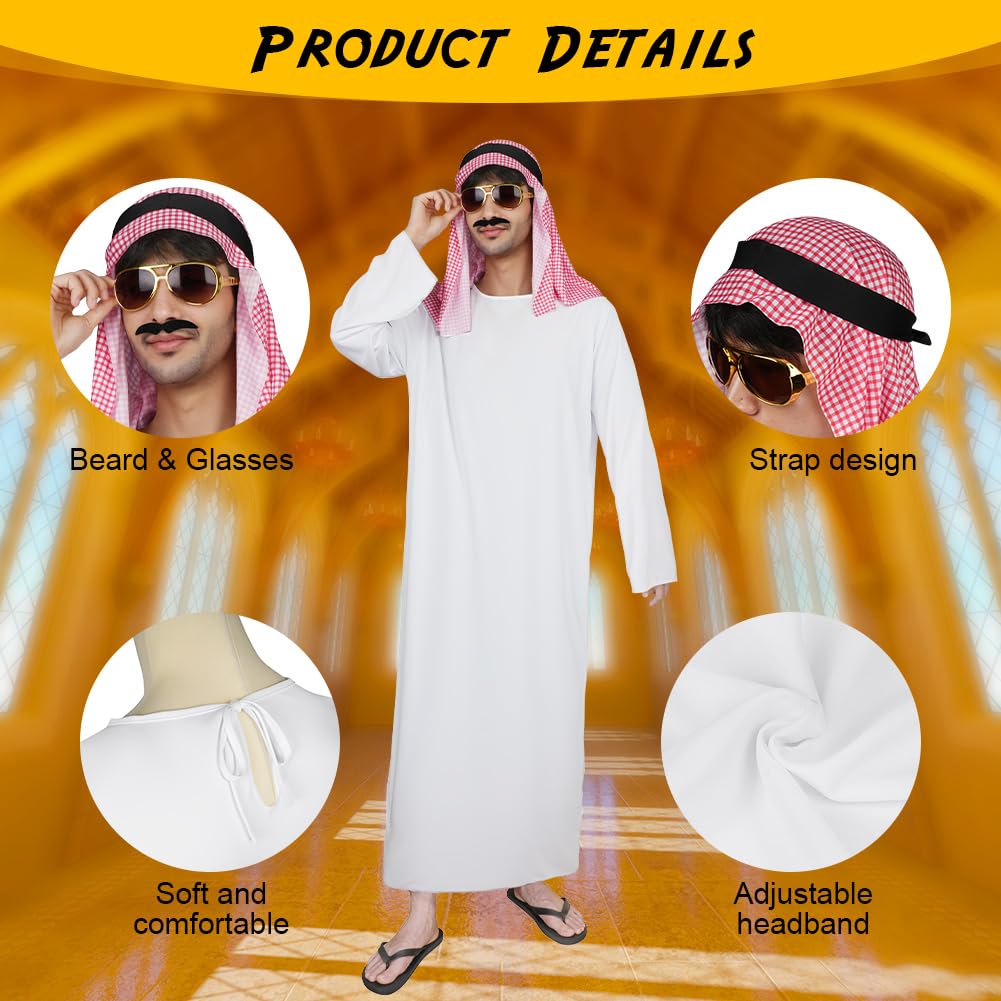 BSBUY Arab Sheik Costume Men White Sheik Robe Arabischen Gebetskleidung Middle Eastern Clothes Outfit Include Robe Hijab Eyeglasses Beard Halloween Christmas Party Birthday Cosplay Fancy Dress Up