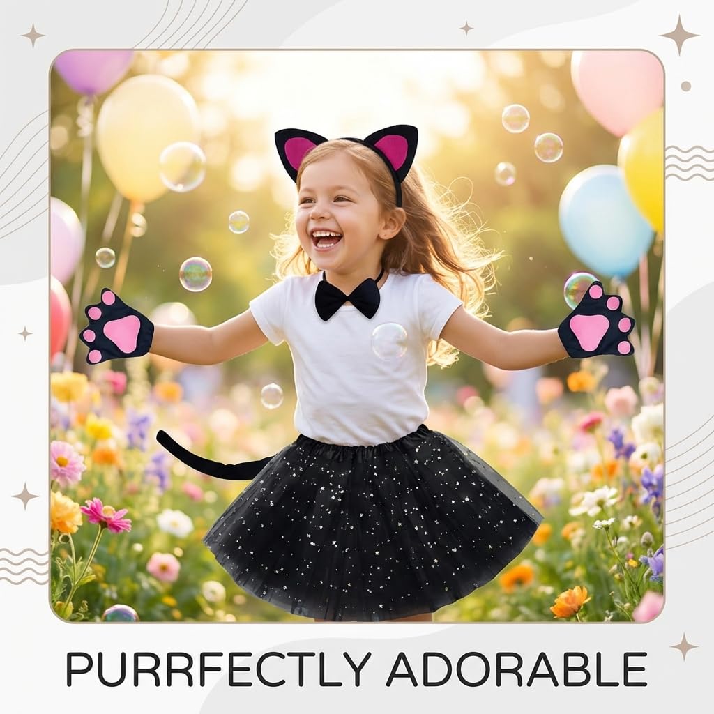 Cat Costume for Girls Kids Animal Fancy Dress with Black Tutu Skirt (image 2)