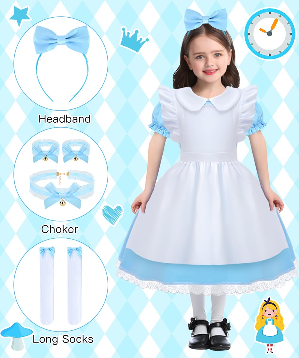 COYBTO Princess Costume for Girls 6-11 Years - Blue Dress With White Apron and Headband for Halloween, Birthday Party, Carnival, Fancy Dress