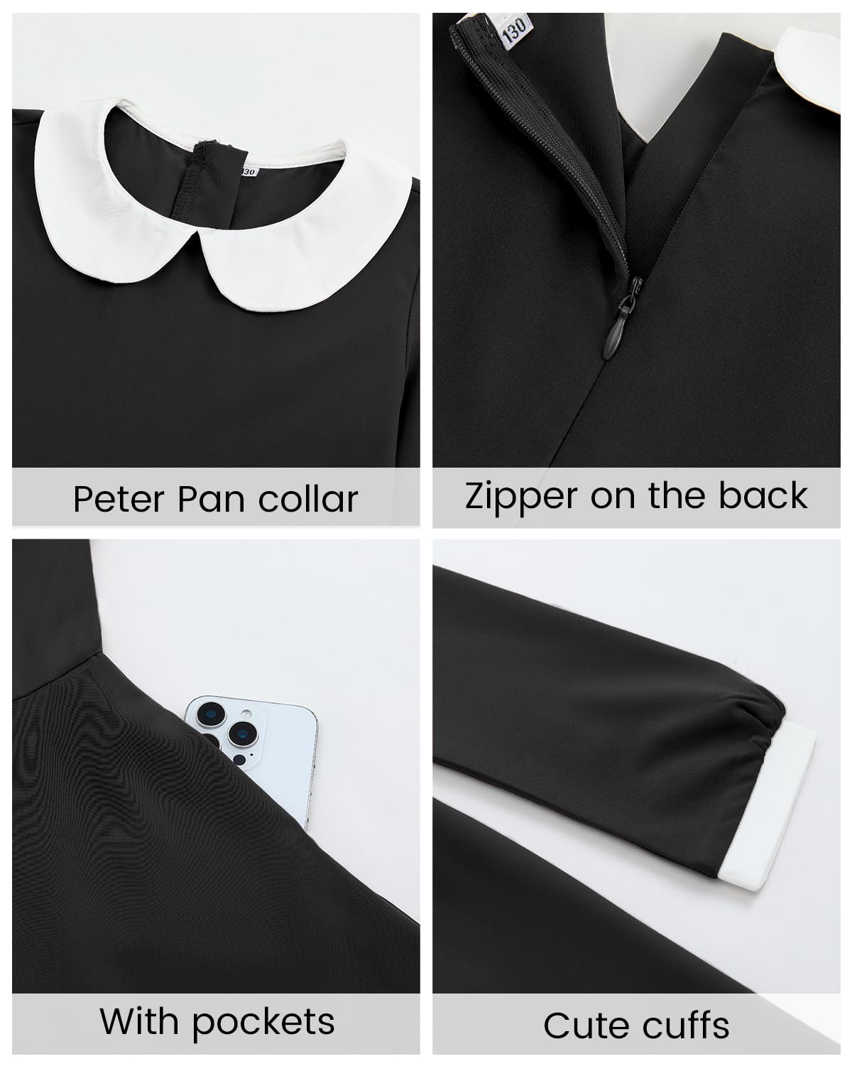 JiAmy Dress Girls Skater Dresses Long Sleeve Swing Peter Pan Collar Elegant Halloween Christmas Party Flared Dress Kids with Pockets 120,Black