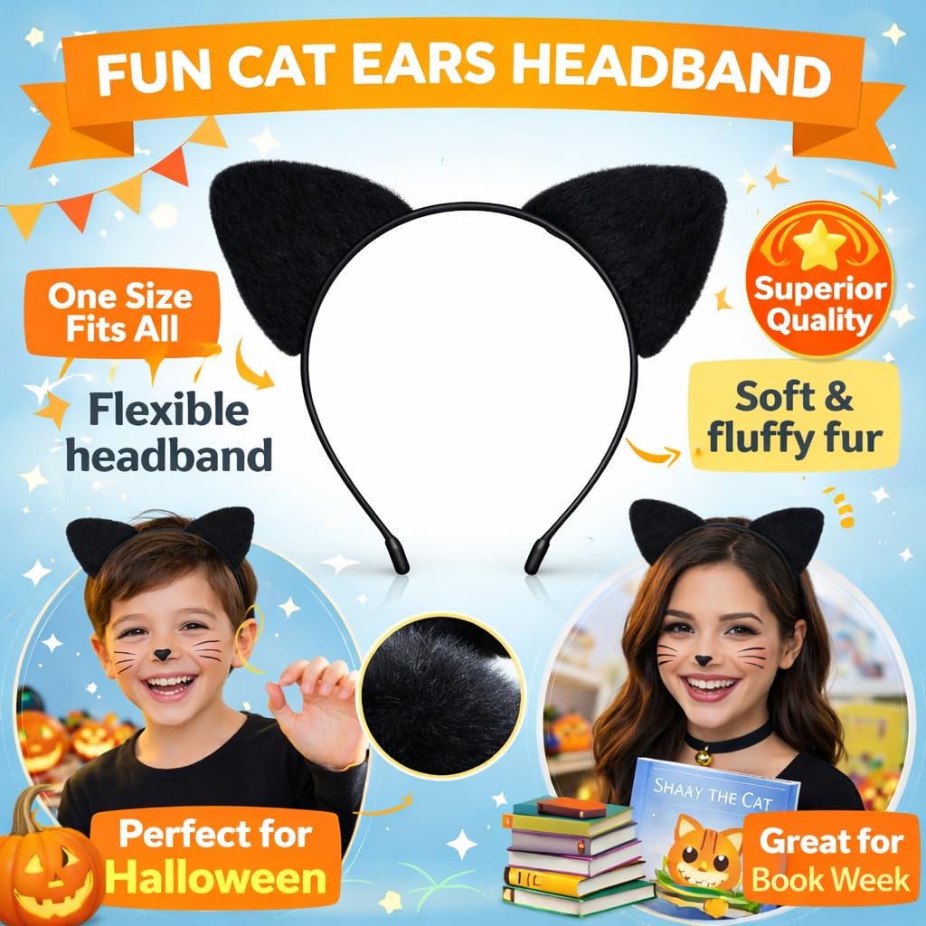 Black Fancy Dress Cat Ears for Adults or Kids Fur Ears Wolrd Book (image 2)