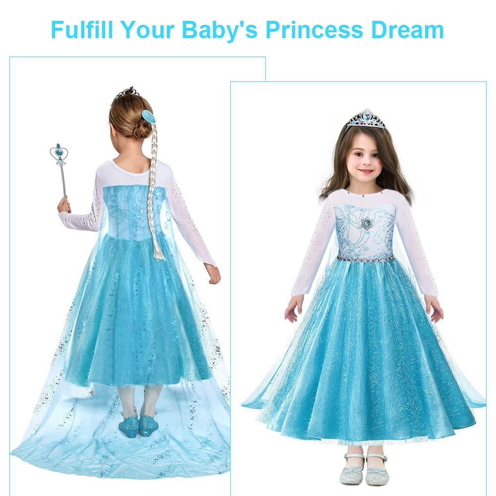URAQT Princess Dress, Princess Costume with Crown Wand Gloves and Tiara, Costumes with Accessories for Girls, Kids Fancy Dress for Carnival Party Halloween Cosplay,110