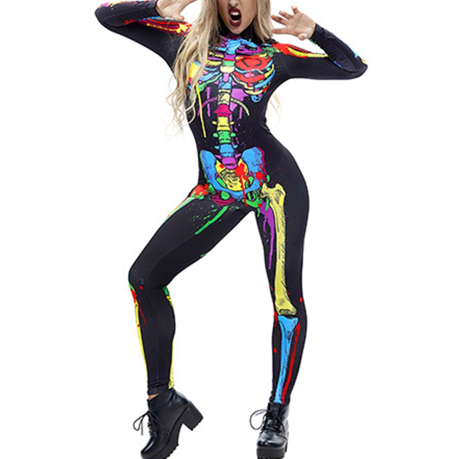 Womens Halloween Skeleton Print Skinny Jumpsuit Stretch Cosplay (image 2)