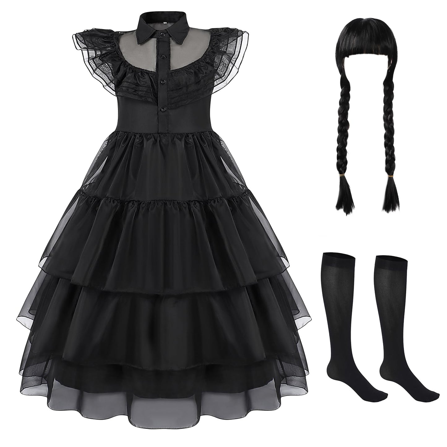 Berich Princess Black Costume with Socks and Wig Kids Gothic School Dress Party Role Play Clothing Family Thing Black Fancy Dress World Book Day Outfit for Girls Halloween Costume 7-8 Years,140