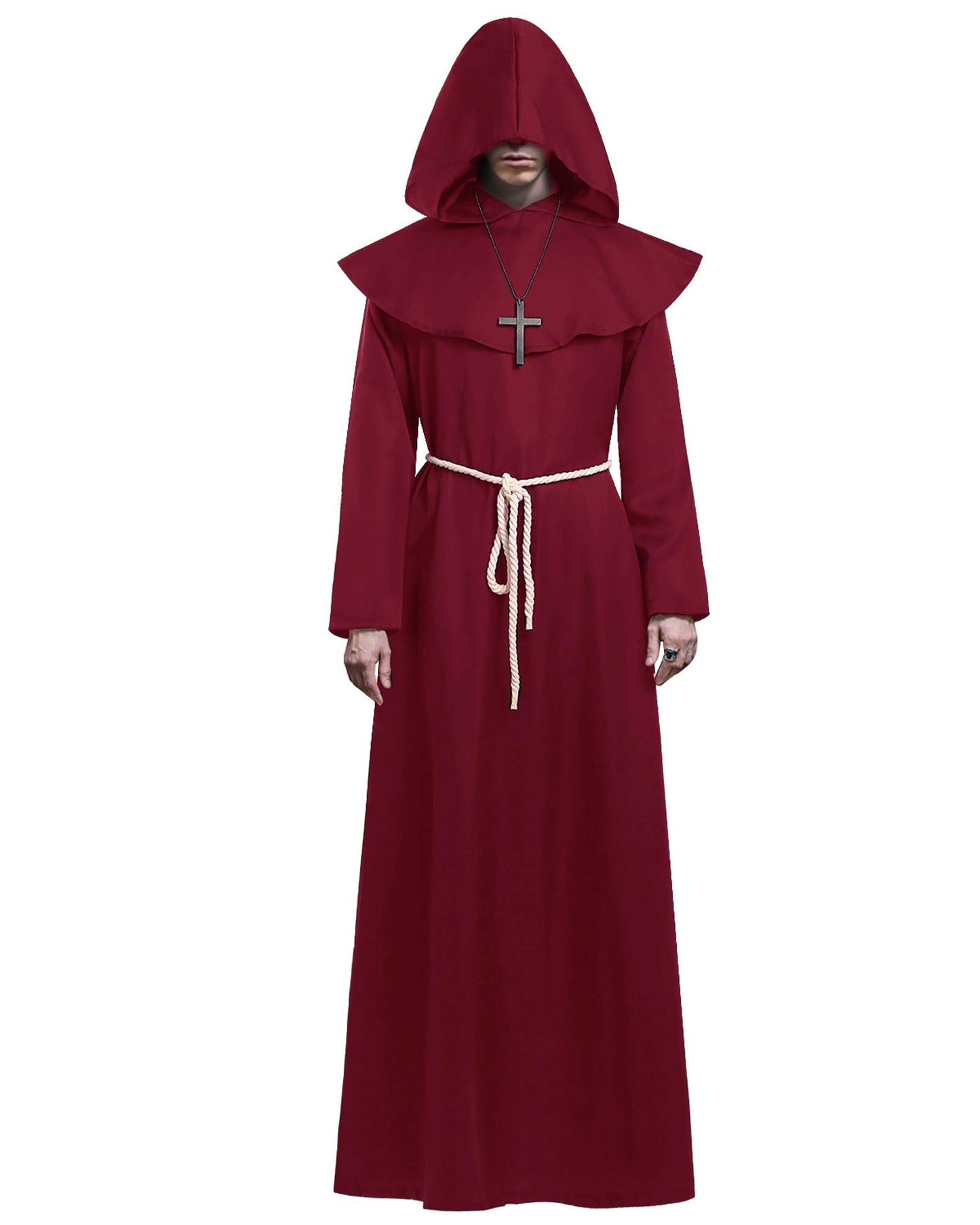 KONVINIT Monk Robe Mens Halloween Costumes Red Medieval Friar Hooded Monk Renaissance Priest Robe Vicar Costume Monk Outfit for Adult,red L