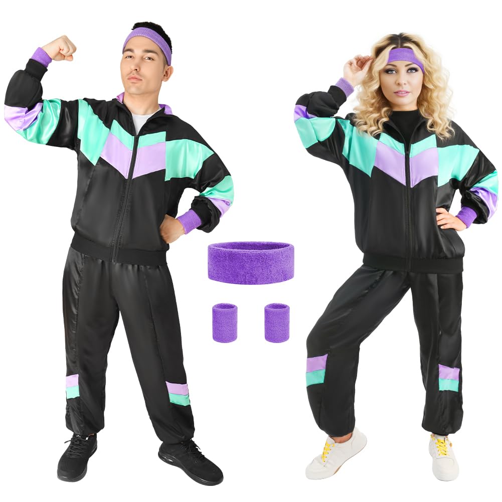Aomig 80s Height of Fashion Shell Suit Costume, 80s Fancy Dress Men Women with Headband Wristbands, 1980s Disco Fancy Dress, 80s 90s Outfits Fashion Retro Tracksuit for Halloween Carnival Party(L)