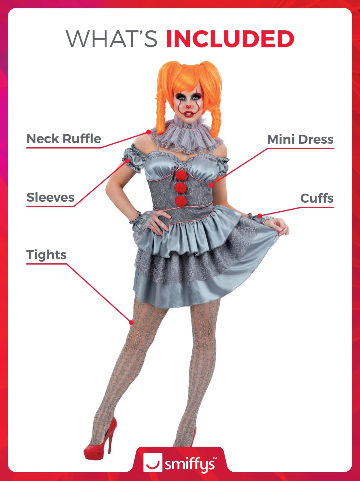 Smiffys IT Chapter Two Pennywise Ladies Costume for Adults, Mini Dress with Sleeves, Neck Ruffle, and Tights, Grey, Officially Licensed, Ideal for Halloween and Matching Fancy Dress Parties