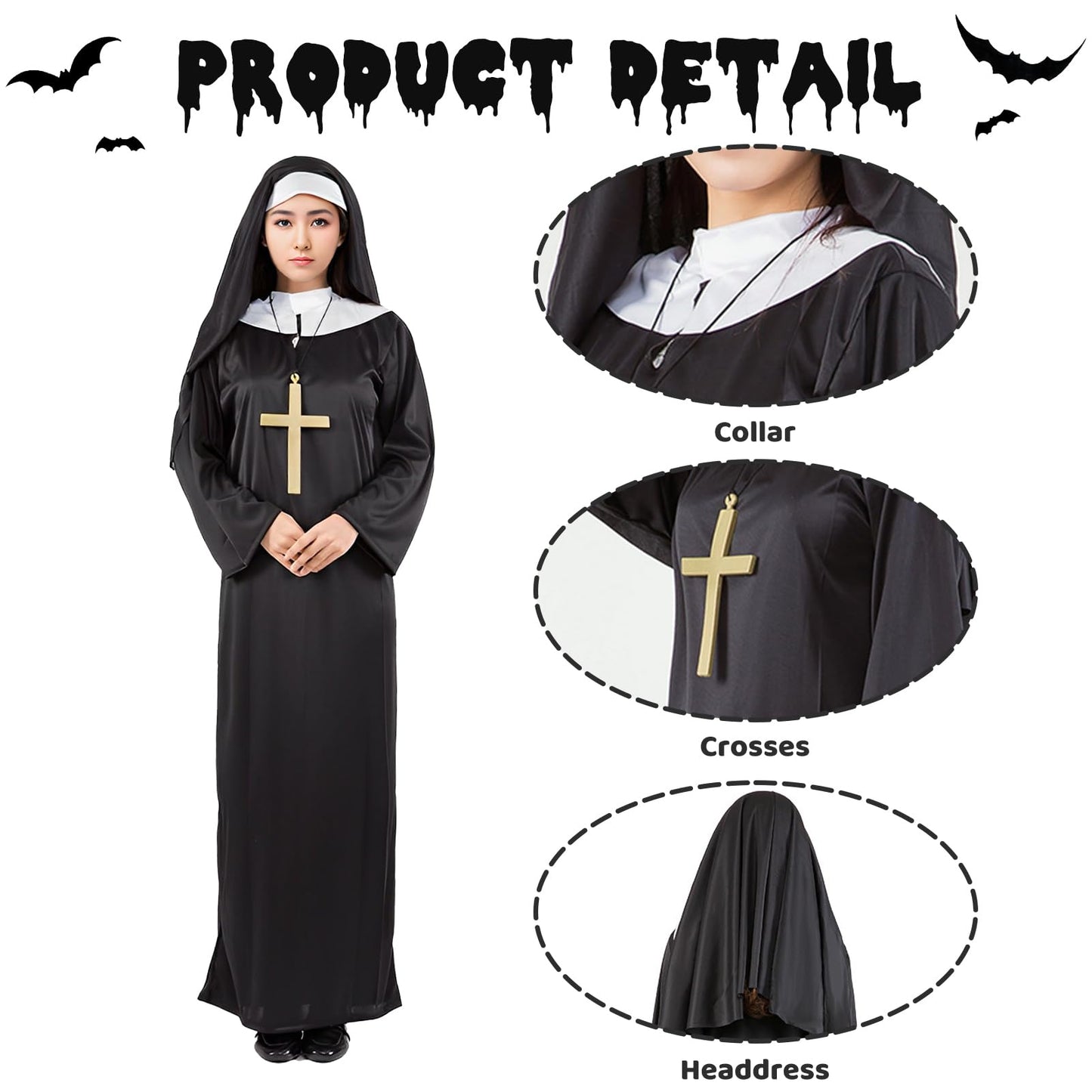 Alaiyaky Nun Outfit for Adult, Priest Costume Suit, Vicar Outfit, Monk Costume With White Collar Cross Necklace, Halloween Fancy Dress for Men Women (Female, XXL)
