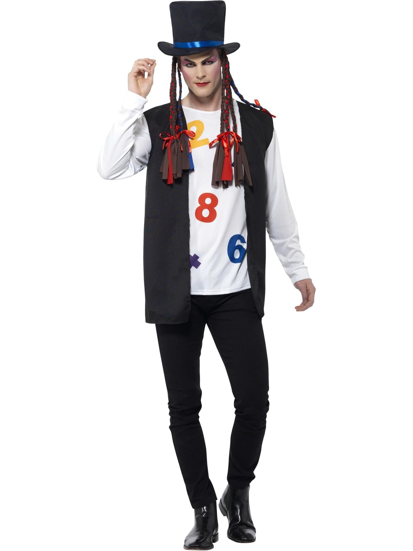 Smiffys 80s Pop Star Costume, Multi-Coloured with Top, Waistcoat, Hat & Braids, 1980's Fancy Dress, Adult Dress Up Costumes