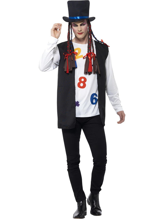 80s pop star costume multi-coloured with top waistcoat hat