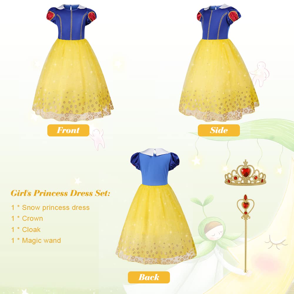 Aomig Girls White Snow Costume, Deluxe White Snow Princess Fancy Dress With Crown Wand and Red Cape, White Snow Princess Dress Up for Girl Birthday Bridesmaid Christmas Carnival Halloween Cosplay(120)