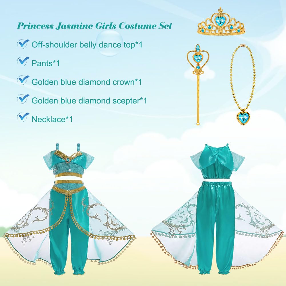 BSBUY Jasmine Princess Costume for Girls Two-Piece Sequined Dress Up, Aladdin Themed Outfit for Birthday Halloween Party Carnival Cosplay