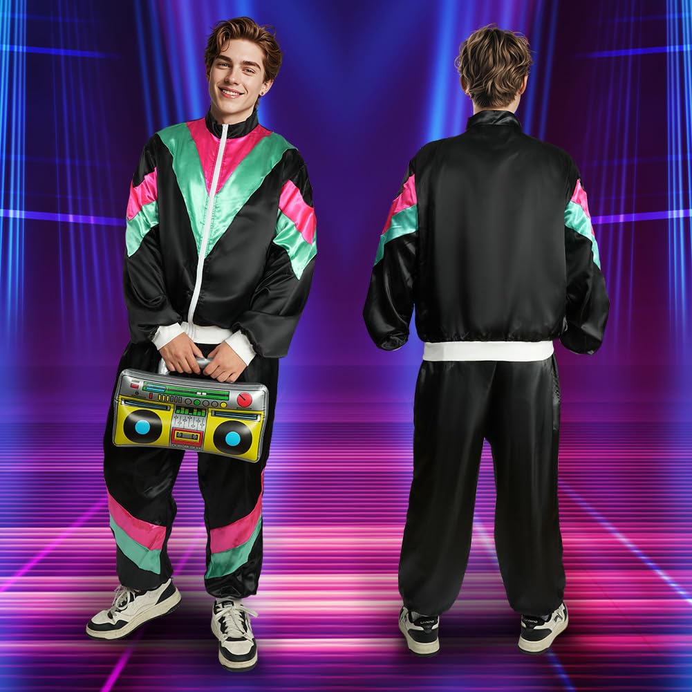 AYBUY 80s 90s Fancy Dress, Retro Disco Sportswear Outfit Set, 80s Shell Suit Costume, Hip Hop Costume Outfit for Theme Party, Halloween, Music Festivals, Masquerade, Carnival (L)
