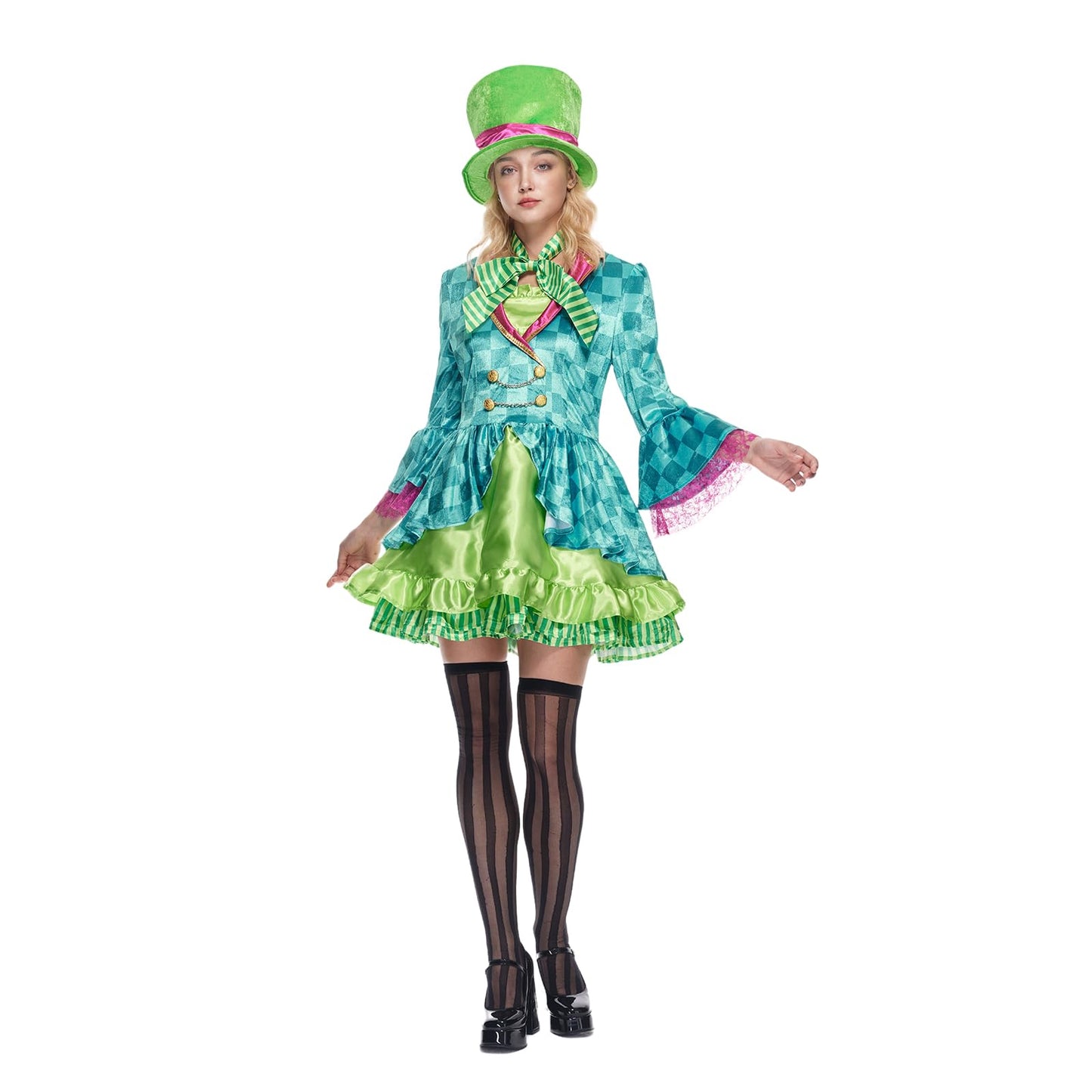 EraSpooky Adult Women Hatter Costume Mad Tea Party Halloween Cosplay with Bowtie Top Hat