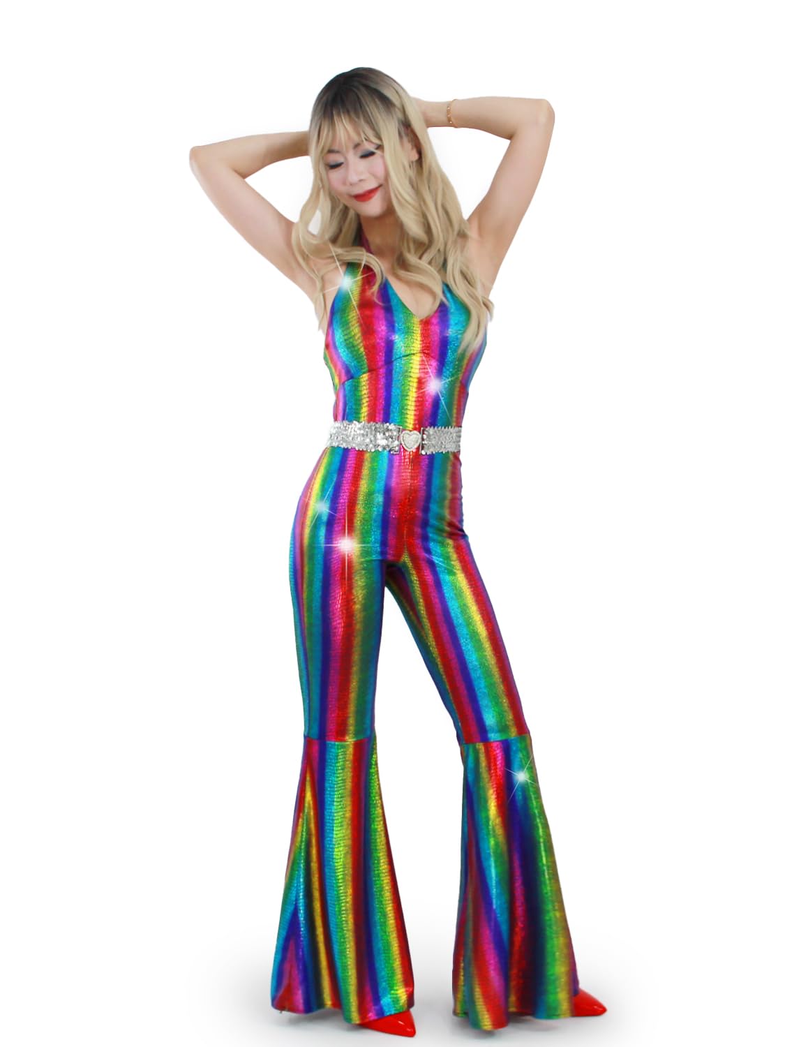 Disco Outfit 70s 80s Prom Sparkle Flare Jumpsuit Party Costume