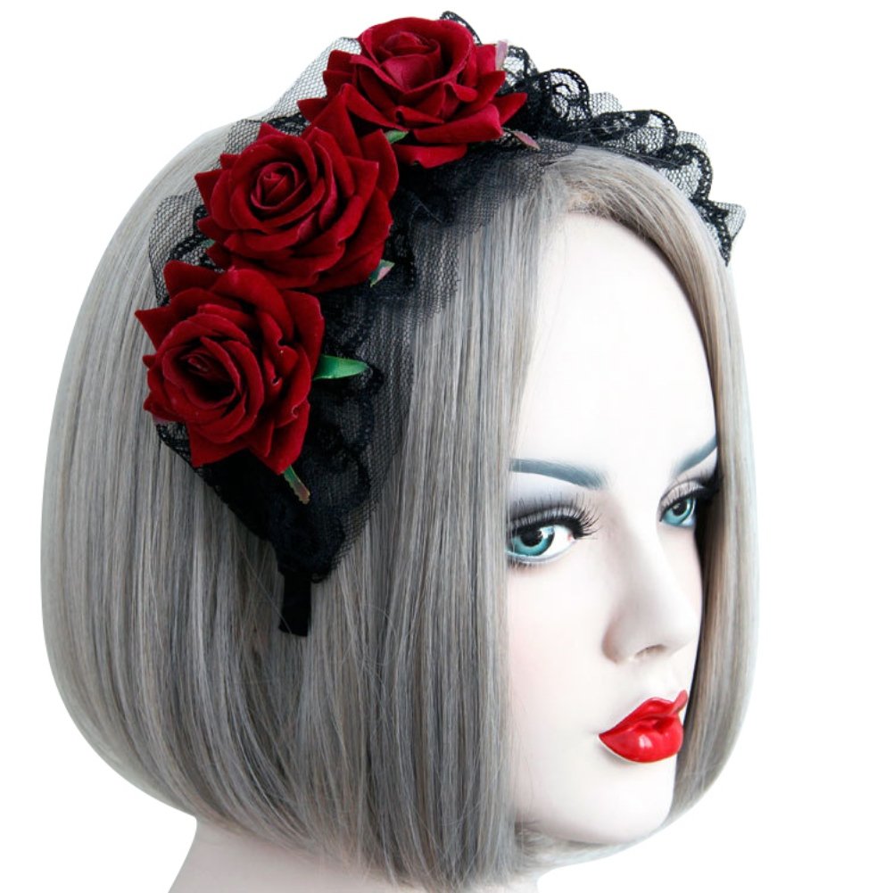 Gothic Rose Headband Black Lace Flower Crown Day of The Dead Headband Halloween Costume Headdress Cosplay Headpiece Accessories Bride Rose Hair Hoop for Gothic Wedding Festival Photoshoot