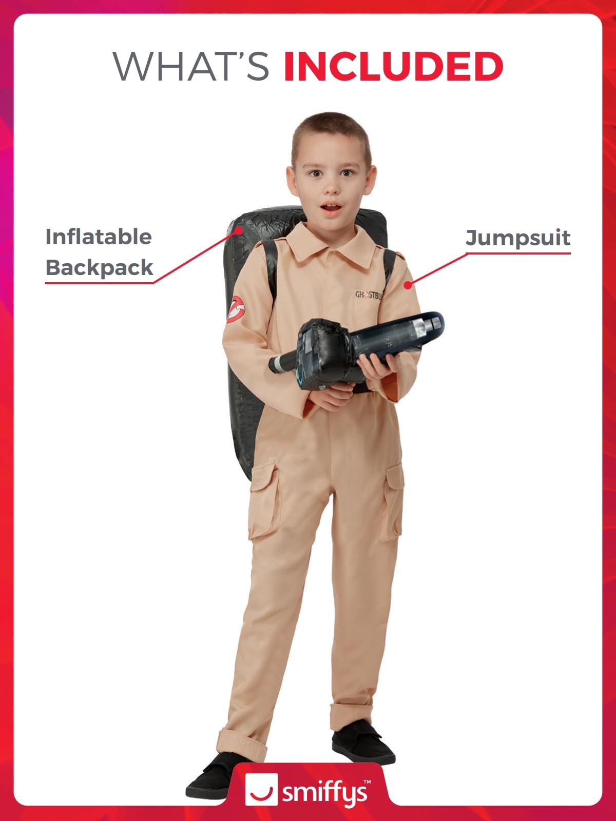 Smiffys Ghostbusters Child’s Costume, Jumpsuit with Inflatable Backpack, Officially Licensed Boilersuit with Ghostbusters Logos, Perfect for Halloween and 80s-Themed Family Fancy Dress