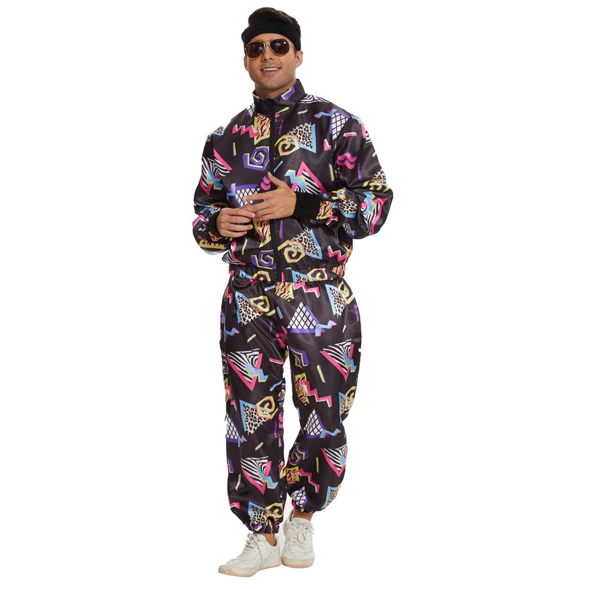 CEKUIA 80s 90s Fancy Dress Shell Suit Disco Dress Costume for Men Women Tracksuit with Headband Glasses Wristbands