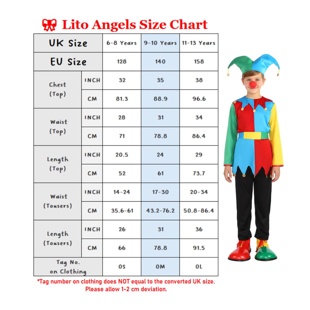 Lito Angels Kids Colourful Jester Costume with Hat Belt and Red Nose for Boys Girls Fancy Dress World Book Day Halloween Carnival Parade Theatre Performance Party Outfit Ages 11–13 Years