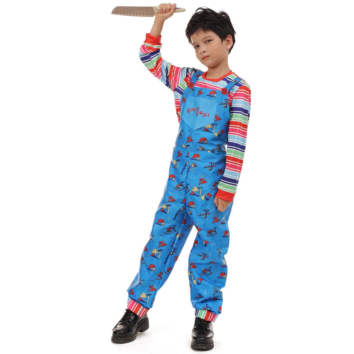 nezababy Chucky Costume Kids Chuckie Jumpsuit Rainbow Striped Top with Scary Killer Cosplay Overalls Halloween Dress up(XS/110)