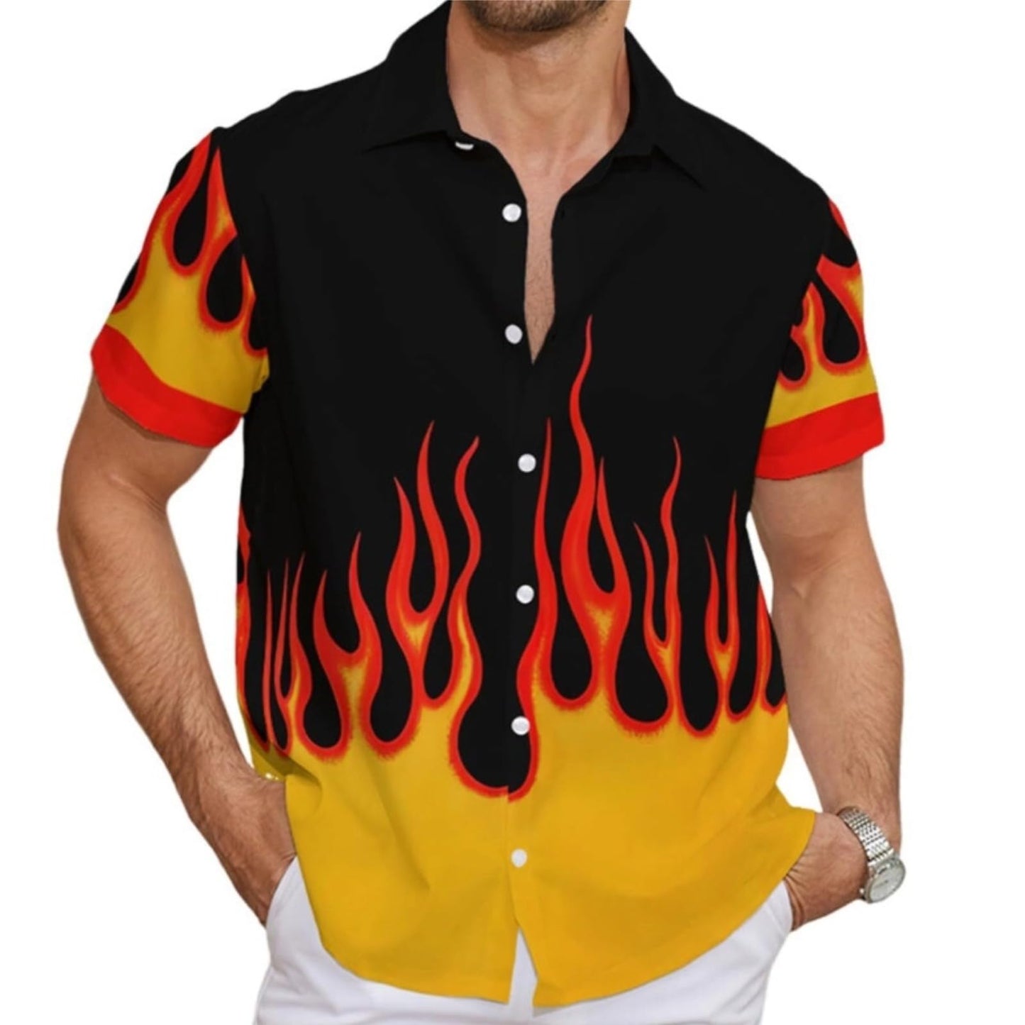 Mens Flame Shirt Short Sleeved Flame Graphic Button Down Beach
