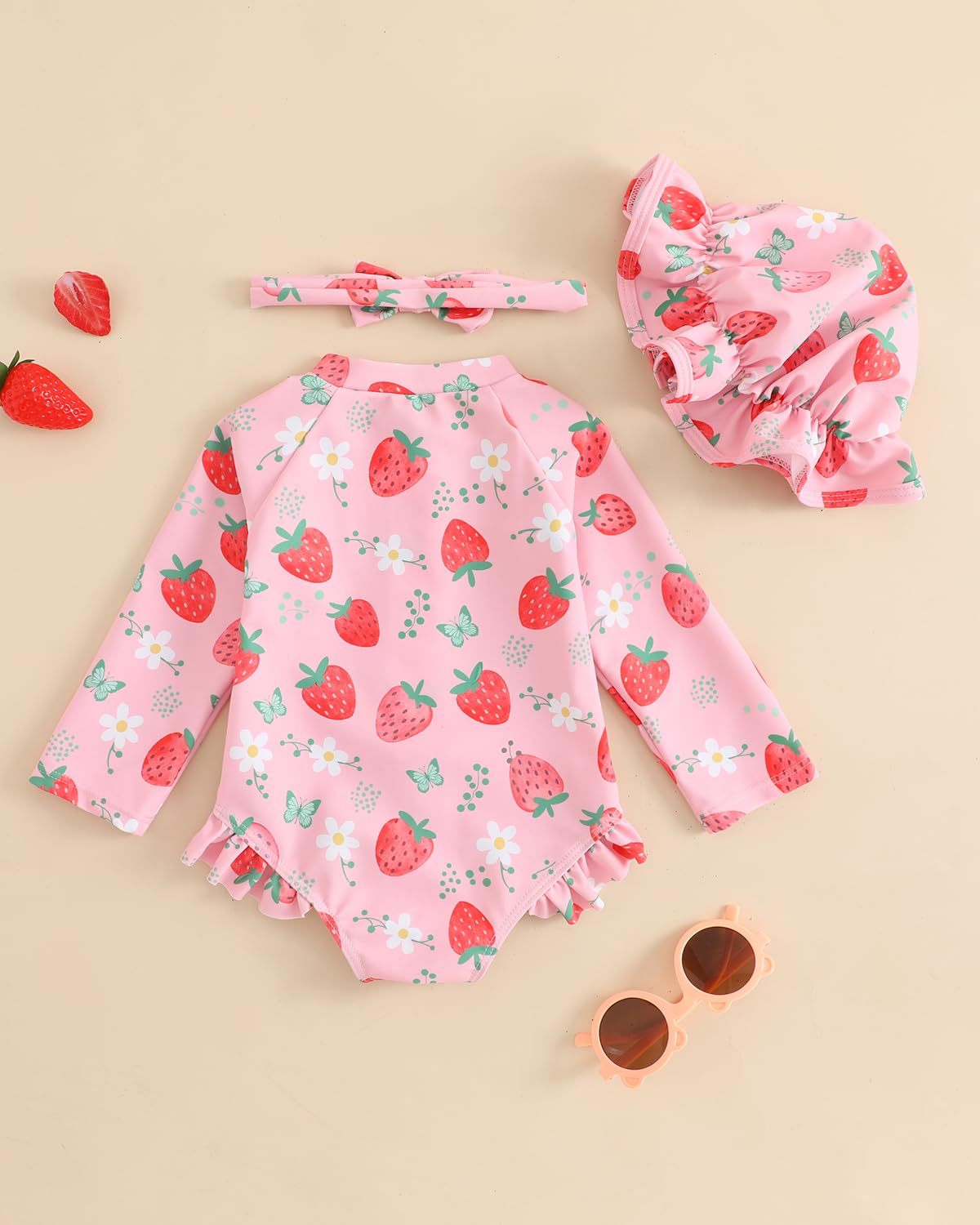 Newborn Baby Swimsuit Girl 3-Piece Set 0M-3T, Long Sleeve Toddler Swimming Costume with Hat & Headband, UPF 50+ Infant Rash Vest Front Zipper & Snaps, Pink Strawberry 0-3 Months
