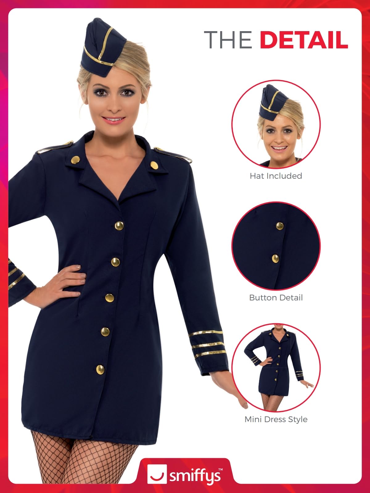 Smiffys Flight Attendant Costume, Navy Blue, 44-46