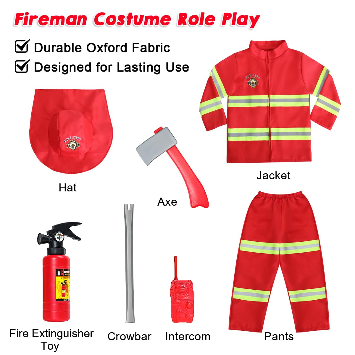 LOYO Kids Role Play Halloween Costumes, Red Fireman Costume with Firefighter Outfit Toys Accessories for 3 to 6 Year Old Children