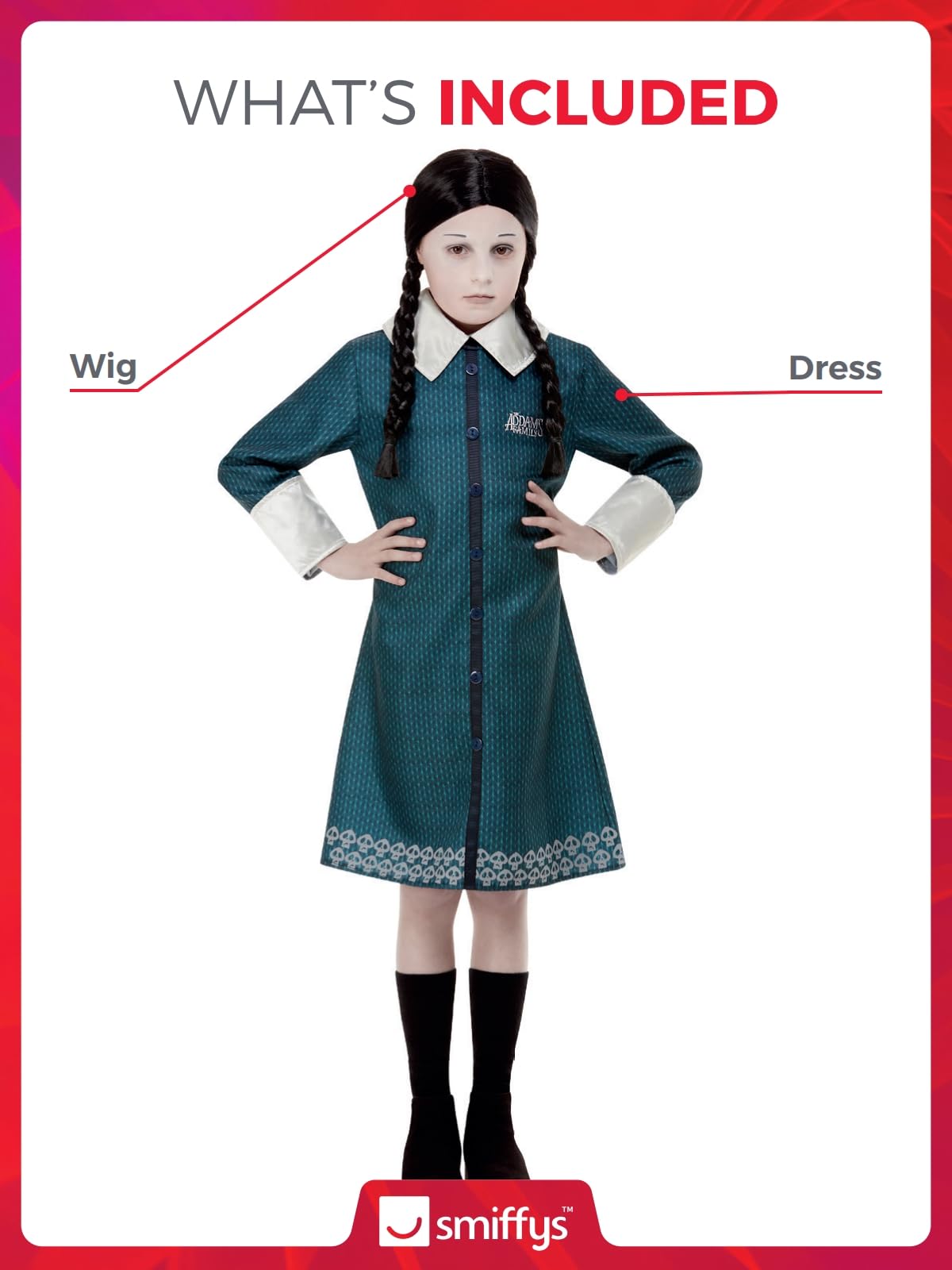 Smiffys The Addams Family Wednesday Costume for Kids, Blue Dress with Skull Pattern and Black Wig, Officially Licensed Wednesday Addams Costume, Ideal for Halloween Parties