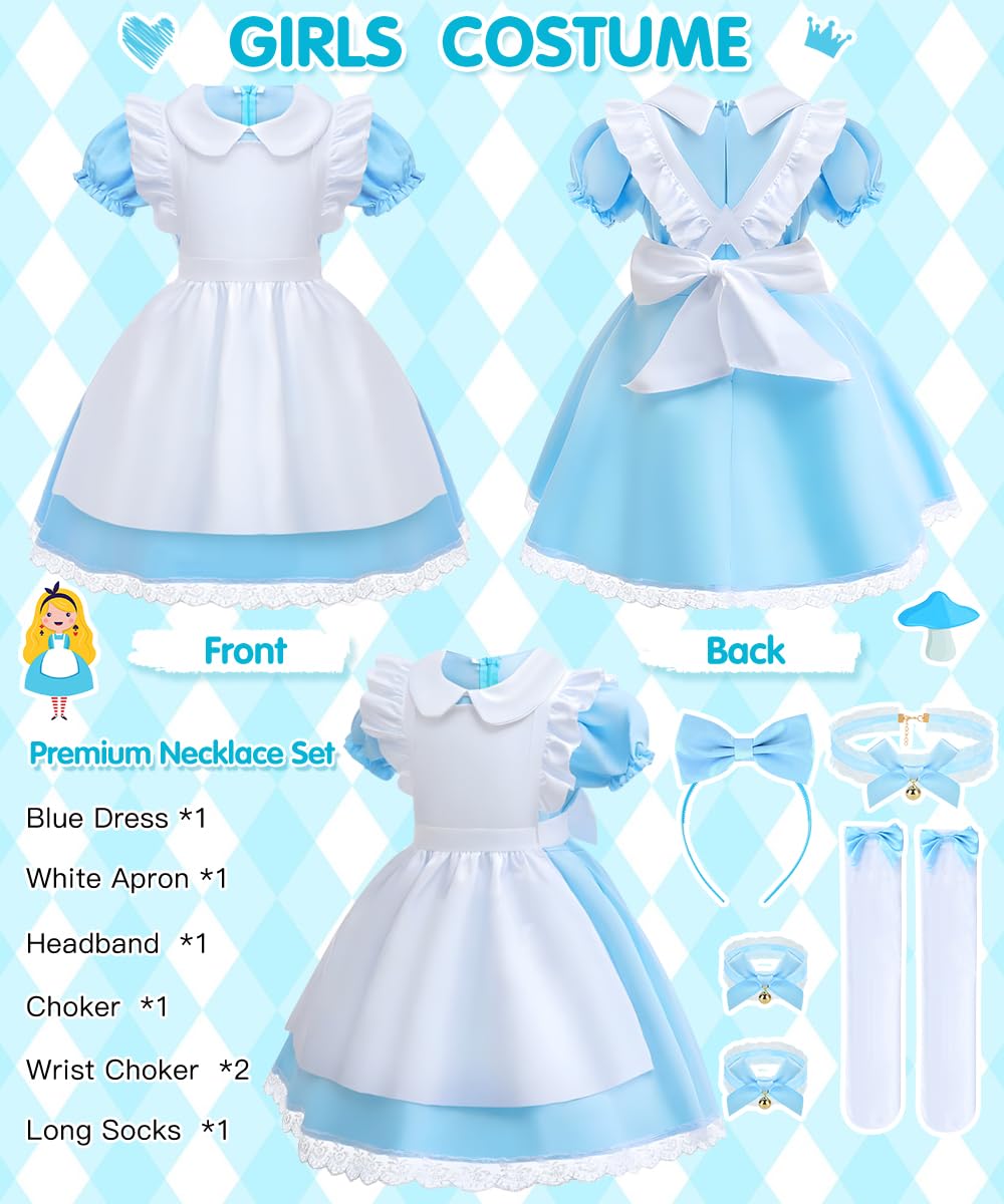 COYBTO Princess Costume for Girls 6-11 Years - Blue Dress With White Apron and Headband for Halloween, Birthday Party, Carnival, Fancy Dress